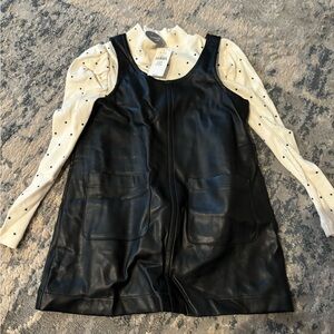 GAP Black Faux Leather Pinafore Dress with Cream Polka Dot Top